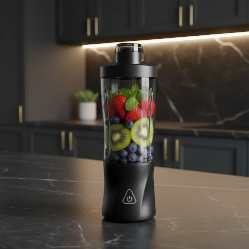 blender smoothie noir rempli de fruits dans une cuisine chic