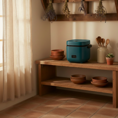 cuiseur a riz sur une étagère en bois dans cuisine champêtre