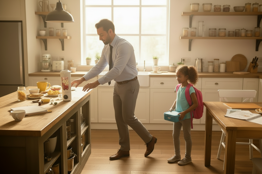 Papa pressé avec son blender smoothie prêt à partir avec sa fille pour l'école