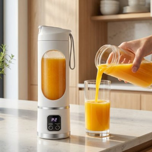 Blender smoothie blanc remplis de jus d'orange sur un comptoir de cuisine