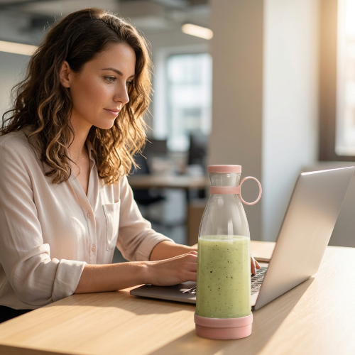 Blender smoothie rose posé sur le bureau d'une femme qui travaille devant son ordinateur dans une grande pièce