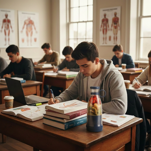 Étudiant en médecine avec blender smoothie bleu indigo sur son bureau rempli de livres d'anatomie