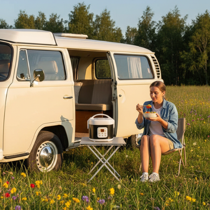 Femme en caravane avec cuiseur à riz dans un pré fleuri