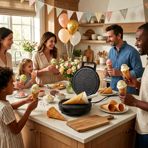 Gaufrier avec moule à cône dans une cuisine festive avec des invités