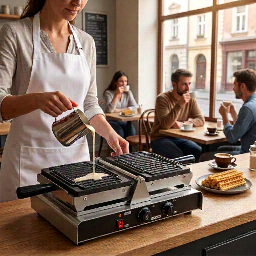Gaufrier dans un café au centre-ville, la propriétaire y verse de la pâte pour faire des churros à ses clients