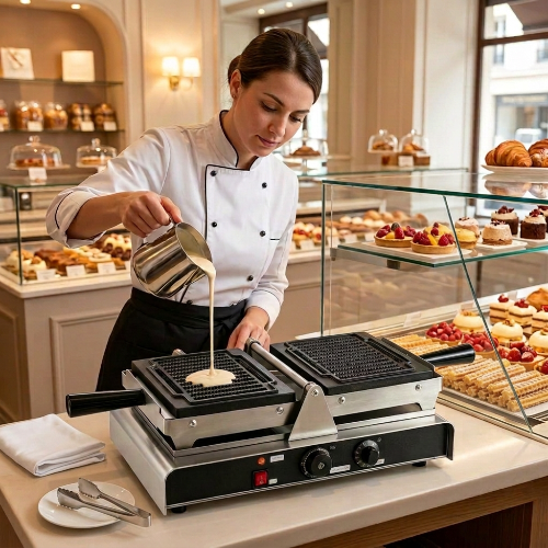 Gaufrier dans une boutique de pâtisserie, la chef y verse de la pâte
