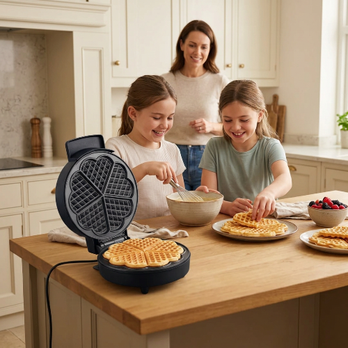 Gaufrier dans une cuisine avec deux fillettes qui cuisine des gaufres en forme de cœur avec maman qui supervise