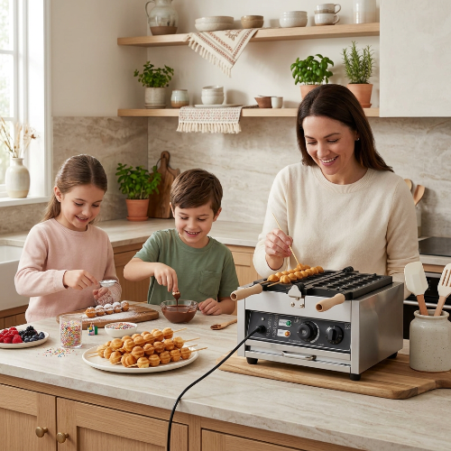 Gaufrier dans une cuisine familiale avec deux enfants et maman qui mangent des boules de gaufre