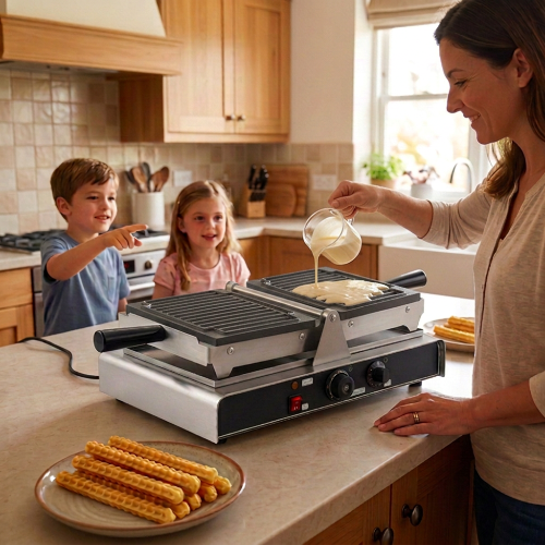 Gaufrier dans une cuisine, maman fait des churros à ses deux enfants