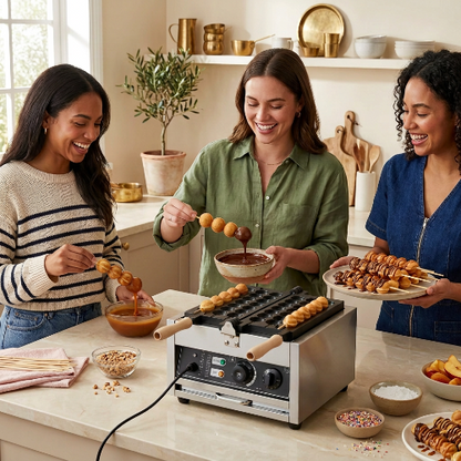 Gaufrier dans une cuisine, trois amies qui s'amusent à décorer des brochettes de gaufres