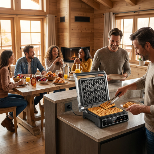 Gaufrier dans une maison de campagne avec une table remplie de bonnes choses à manger et trois couples