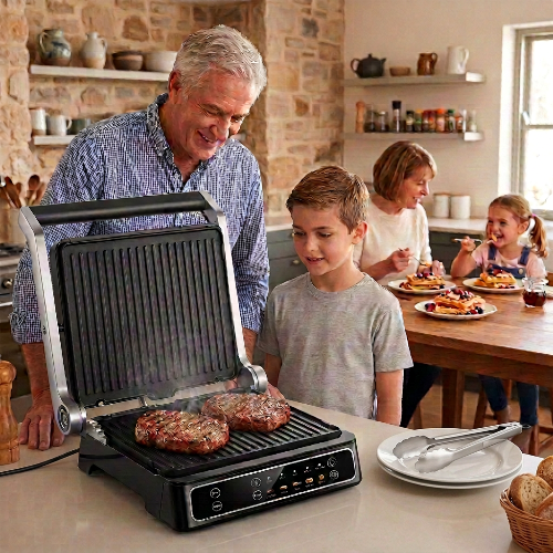 Gaufrier deux en un, le grand-père cuit des steaks avec Maxime et la grand-mère mange des gaufres avec Noémie