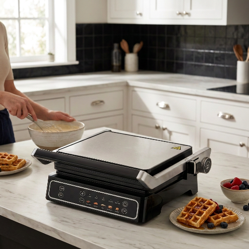 Gaufrier fermé posé sur l'îlot dans une cuisine chic avec des assiettes de gaufres