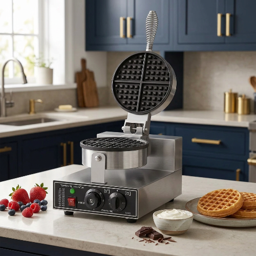 Gaufrier simple dans cuisine chic bleue avec des fruits et gaufres autour