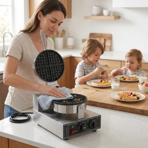 Gaufrier simple dans cuisine et maman qui le nettoie pendant que les enfants terminent leur petit déjeuner