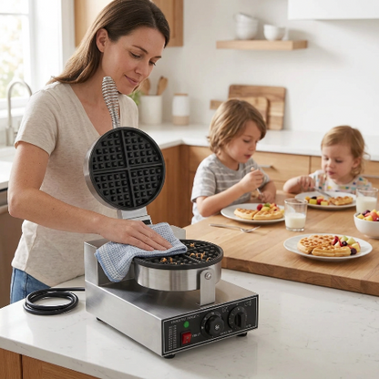 Gaufrier simple dans cuisine et maman qui le nettoie pendant que les enfants terminent leur petit déjeuner