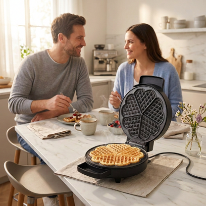Gaufrier sur l'îlot avec gaufre chaude à l'intérieur et un couple déjeunant en amoureux