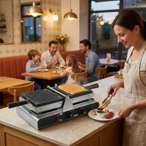 Gaufrier sur une table de service dans un restaurant familial avec des churros chauds