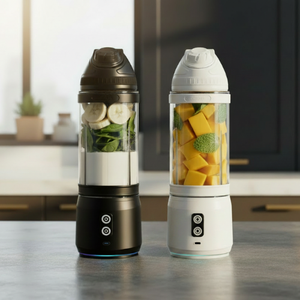 blender smoothie blanc et noir sur comptoir gris dans une cuisine