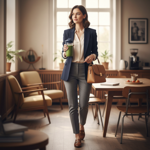 blender smoothie dans les mains d'une enseignante dans la salle des profs avec son sac à la main