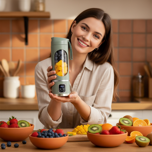 Blender smoothie kaki rempli de fruits tenu dans les mains d'une femme