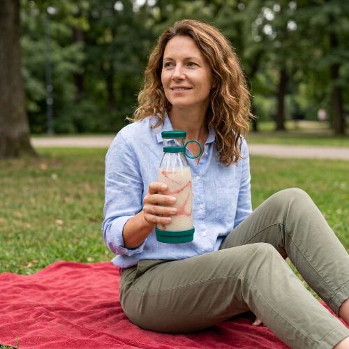 Blender smoothie turquoise et une femme assise au parc sur une serviette rouge