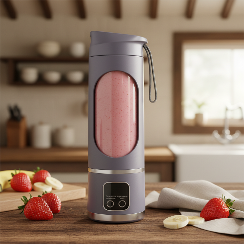 blender smoothie violet à la banane et fraise dans une cuisine champêtre