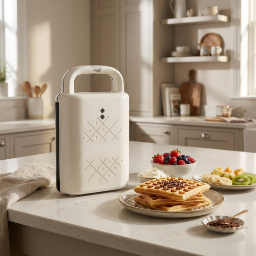 Gaufrier blanc dans une cuisine chic avec une assiette de gaufres savoureuses