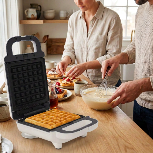 Gaufrier blanc dans une cuisine et un couple faisant des gaufres ensemble