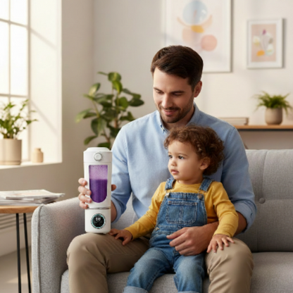 papa avec blender smoothie blanc et smoothie bleuet